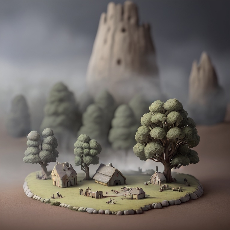 Prompt: Viking village, a cultivated plain in the valley with scots pine trees, english oak trees, tumulus, diorama by Odd Nerdrum, 125mm lens, depth of field, dof, tilt shift masterpiece, mist, fog, haze, lens flares.