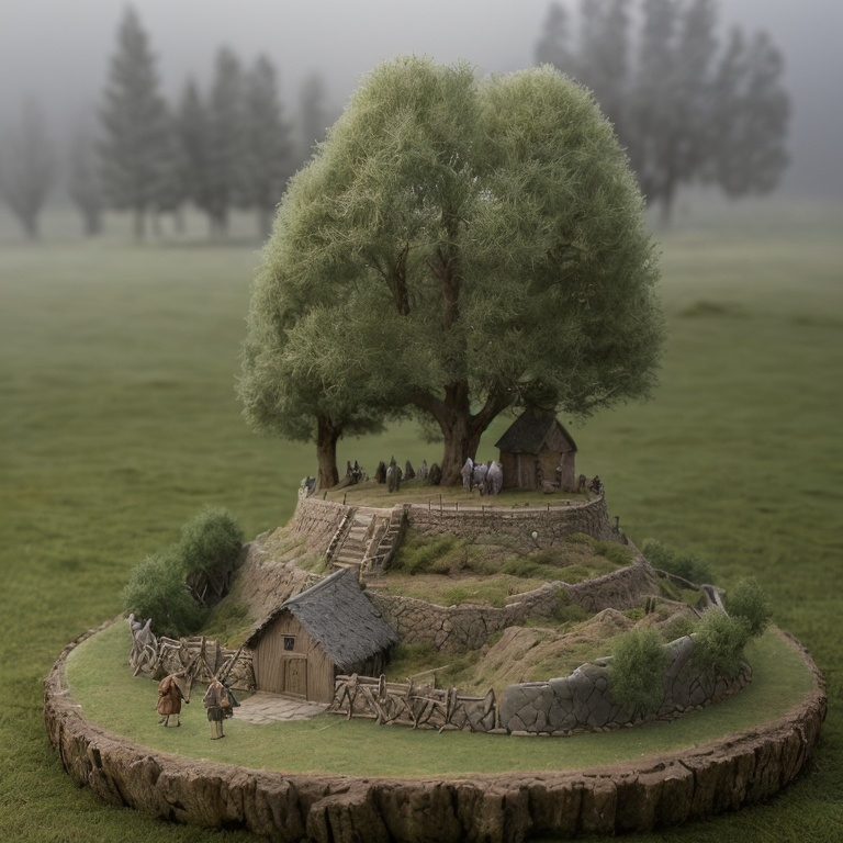 Prompt: Viking village, a cultivated plain in the valley with scots pine trees, english oak trees, tumulus, diorama by Odd Nerdrum, 125mm lens, depth of field, dof, tilt shift masterpiece, mist, fog, haze, lens flares.