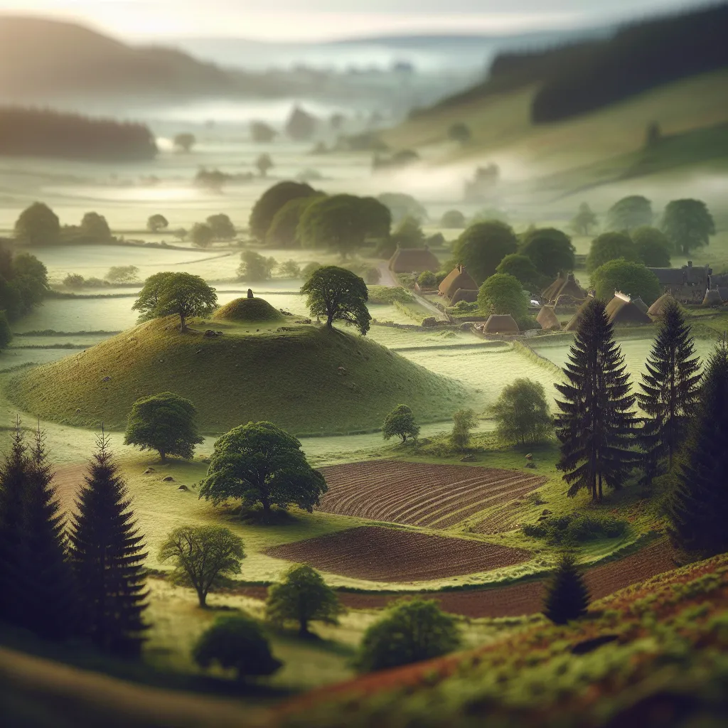 Prompt: Viking village, a cultivated plain in the valley with scots pine trees, english oak trees, tumulus, diorama by Odd Nerdrum, 125mm lens, depth of field, dof, tilt shift masterpiece, mist, fog, haze, lens flares.