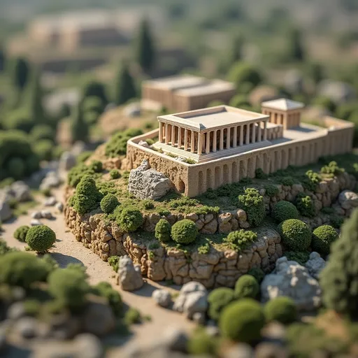 Prompt: soft felt themed Athens's Acropolis, intricate art, rich textures, tilt shift, isometric miniature, aerial view, dynamic composition, immersive atmosphere, 135mm lens, macro photo, sharp focus, depth of field, ultra high detailed. 