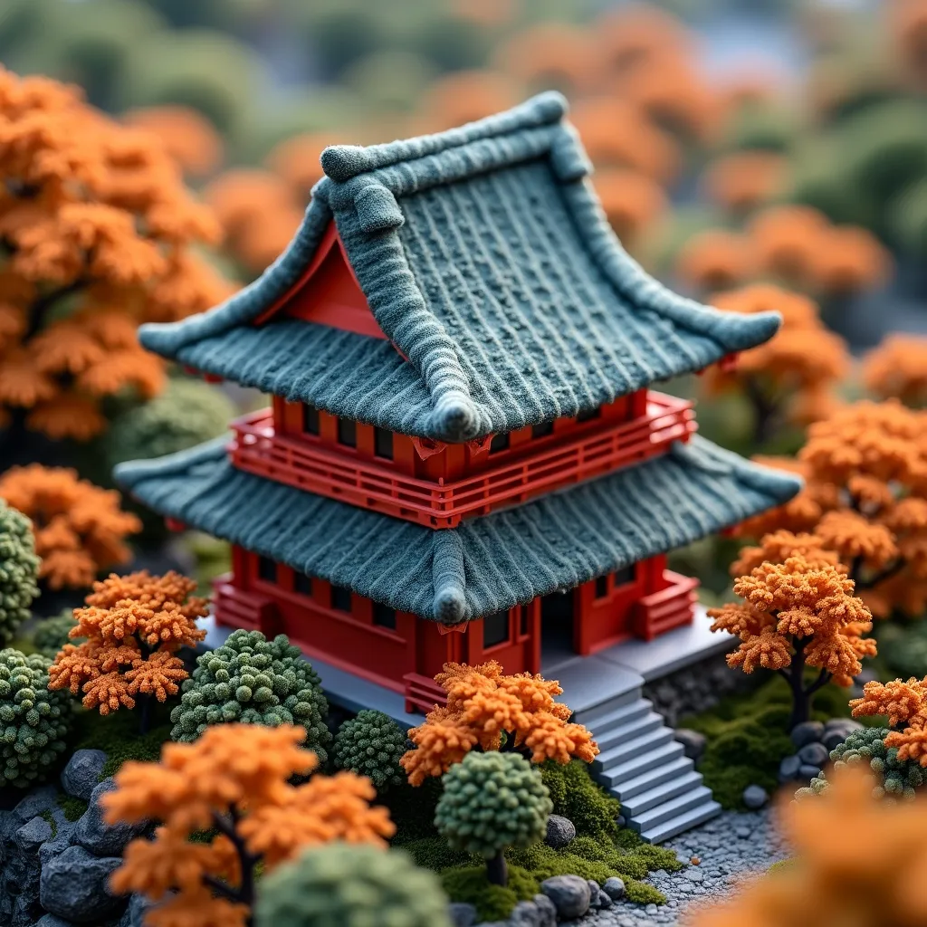 Prompt: soft felt themed Japan's Kiyomizu-dera, intricate art, rich textures, tilt shift, isometric miniature, aerial view, dynamic composition, immersive atmosphere, 135mm lens, macro photo, sharp focus, depth of field, ultra high detailed. 
