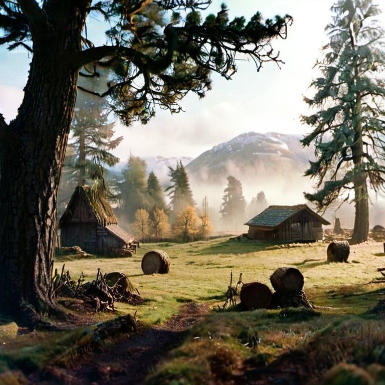 Prompt: Viking village, a cultivated plain in the valley with scots pine trees, english oak trees, tumulus, diorama by Odd Nerdrum, 125mm lens, depth of field, dof, tilt shift masterpiece, mist, fog, haze, lens flares.