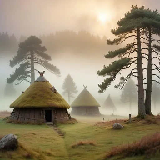 Prompt: Viking village, a cultivated plain in the valley with scots pine trees, english oak trees, tumulus, diorama by Odd Nerdrum, 125mm lens, depth of field, dof, tilt shift masterpiece, mist, fog, haze, lens flares.