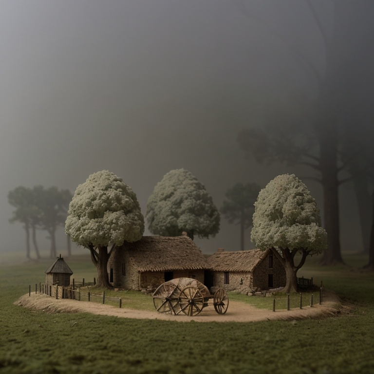 Prompt: Viking village, a cultivated plain in the valley with scots pine trees, english oak trees, tumulus, diorama by Odd Nerdrum, 125mm lens, depth of field, dof, tilt shift masterpiece, mist, fog, haze, lens flares.