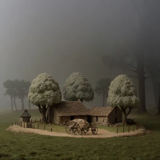 Prompt: Viking village, a cultivated plain in the valley with scots pine trees, english oak trees, tumulus, diorama by Odd Nerdrum, 125mm lens, depth of field, dof, tilt shift masterpiece, mist, fog, haze, lens flares.