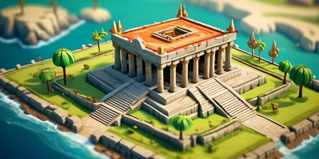 Prompt: Wind Waker themed Temple of Artemis, aerial view, tilt-shift, isometric miniature, detailed landscape, hight detailed textures, dynamic composition, high resolution, intricate details.