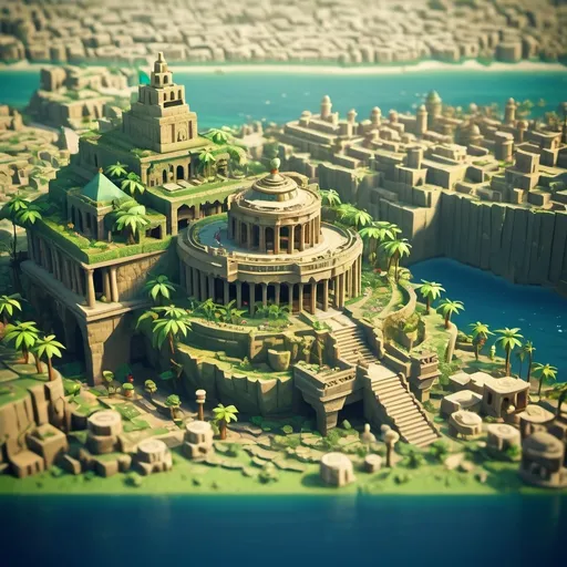 Prompt: Wind Waker themed Hanging Gardens of Babylon, aerial view, tilt-shift, isometric miniature, detailed landscape, hight detailed textures, dynamic composition, high resolution, intricate details.