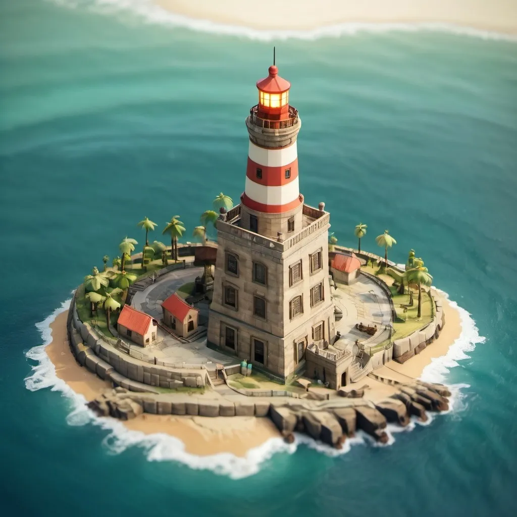 Prompt: Wind Waker themed Lighthouse of Alexandria, aerial view, tilt-shift, isometric miniature, detailed landscape, hight detailed textures, dynamic composition, high resolution, intricate details.