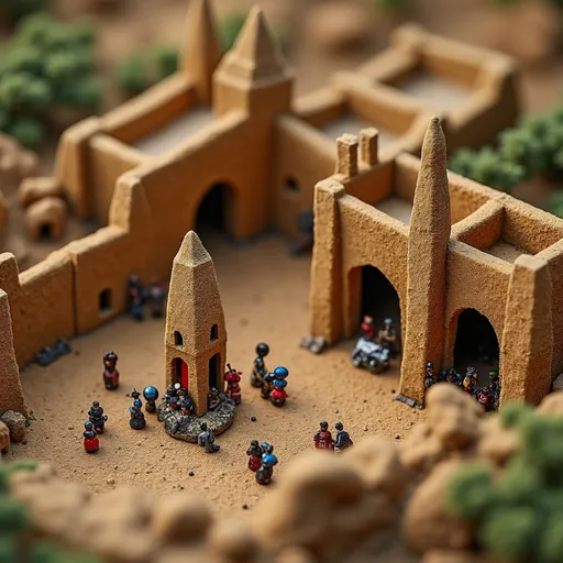 Prompt: soft felt themed Mali's Timbuktu, intricate art, rich textures, tilt shift, isometric miniature, aerial view, dynamic composition, immersive atmosphere, 135mm lens, macro photo, sharp focus, depth of field, ultra high detailed. 