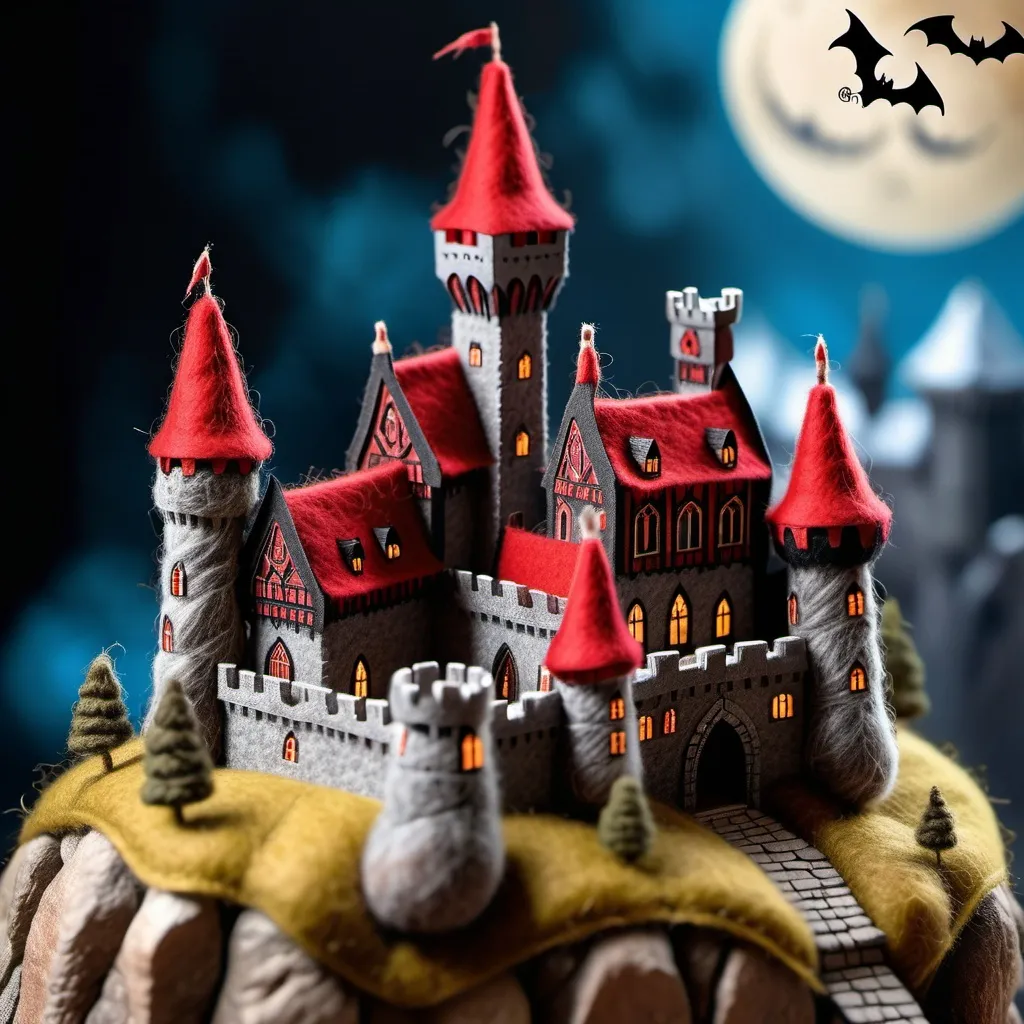 Prompt: A wool felt themed Dracula castle, intricate art, rich textures, tilt-shift, isometric miniature, dynamic composition, high resolution, 100mm lens, macro photography,sharp focus, depth of field.