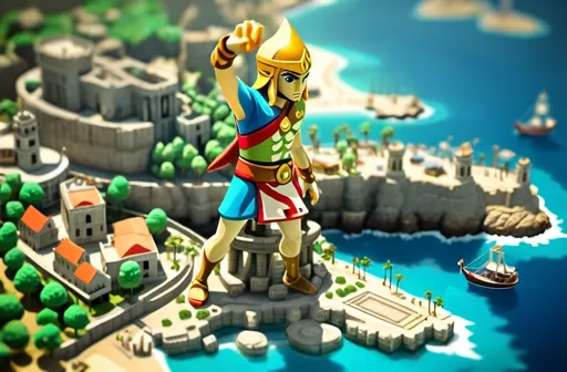 Prompt: Wind Waker themed Colossus of Rhodes, aerial view, tilt-shift, isometric miniature, detailed landscape, hight detailed textures, dynamic composition, high resolution, intricate details.