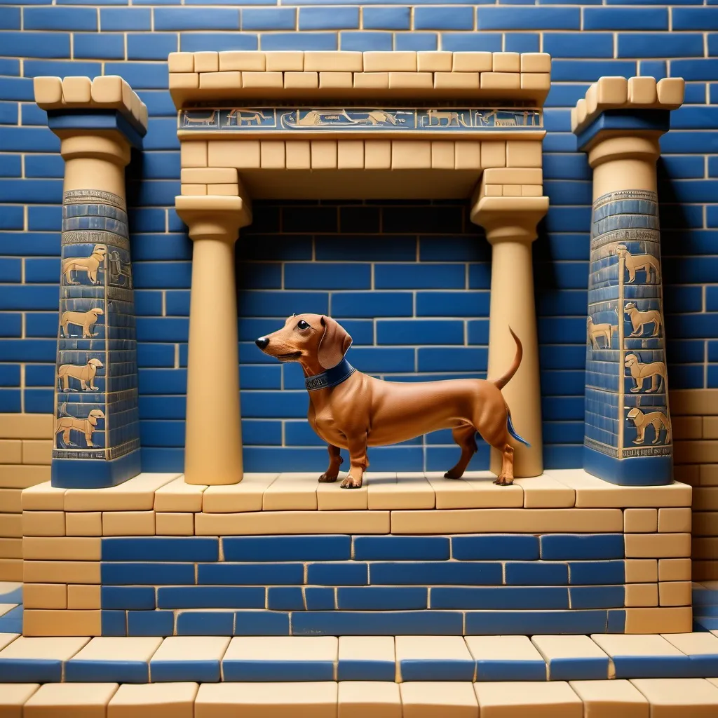 Prompt: dachshund themed Ishtar Gate.