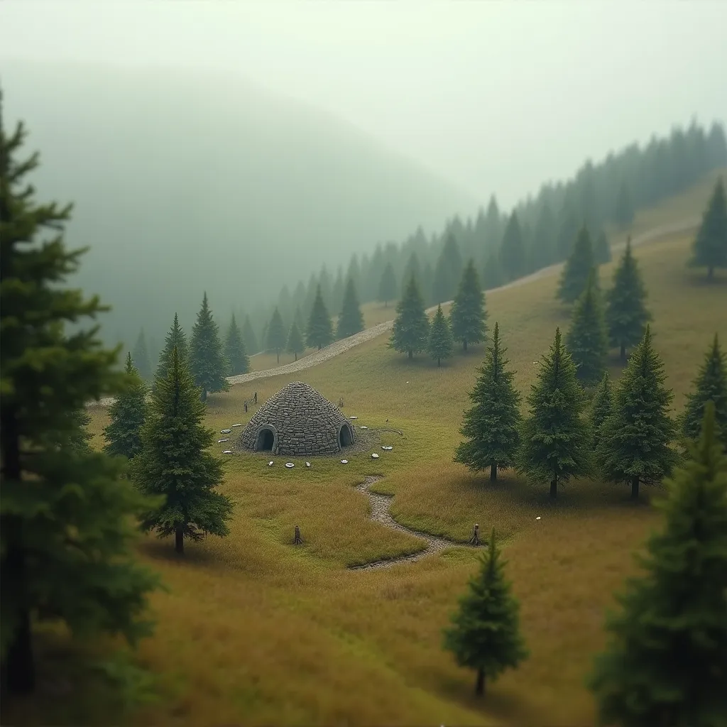 Prompt: Viking village, a cultivated plain in the valley with scots pine trees, english oak trees, tumulus, diorama by John Bauer, 125mm lens, depth of field, dof, tilt shift masterpiece, mist, fog, haze, lens flares.