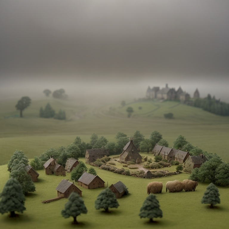 Prompt: Viking village, a cultivated plain in the valley with scots pine trees, english oak trees, tumulus, diorama by Odd Nerdrum, 125mm lens, depth of field, dof, tilt shift masterpiece, mist, fog, haze, lens flares.