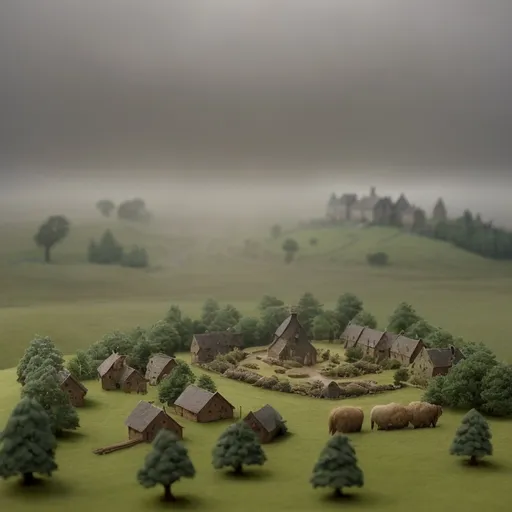 Prompt: Viking village, a cultivated plain in the valley with scots pine trees, english oak trees, tumulus, diorama by Odd Nerdrum, 125mm lens, depth of field, dof, tilt shift masterpiece, mist, fog, haze, lens flares.