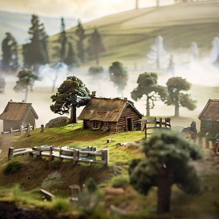 Prompt: Viking village, a cultivated plain in the valley with scots pine trees, english oak trees, tumulus, diorama by Odd Nerdrum, 125mm lens, depth of field, dof, tilt shift masterpiece, mist, fog, haze, lens flares.