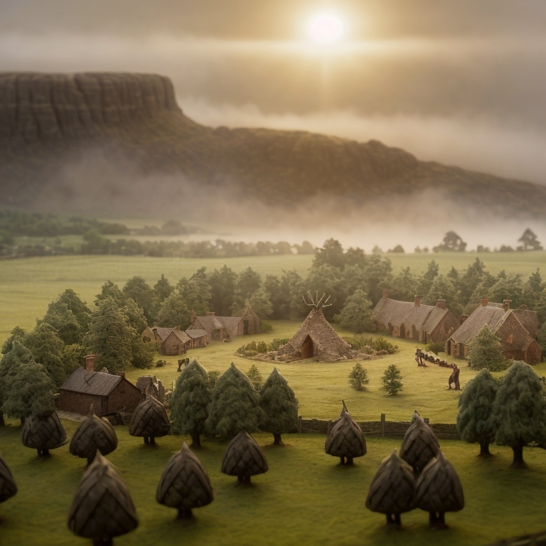 Prompt: Viking village, a cultivated plain in the valley with scots pine trees, english oak trees, tumulus, diorama by Odd Nerdrum, 125mm lens, depth of field, dof, tilt shift masterpiece, mist, fog, haze, lens flares.