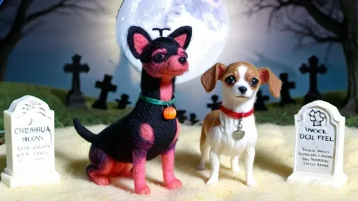 Prompt: A night scene (cementery setting), two dogs, a dachshund with a headlamp and chihuahua, creepy atmosphere, glowing full moon, many intricate headstones, vibrant colors, (high-depth composition), (ultra-detailed), (immersive visual experience), high-quality background, enchanting yet slightly spooky feeling.