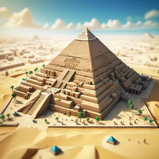 Prompt: Wind Waker themed Great Pyramid of Giza, aerial view, tilt-shift, isometric miniature, detailed landscape, hight detailed textures, dynamic composition, high resolution, intricate details.