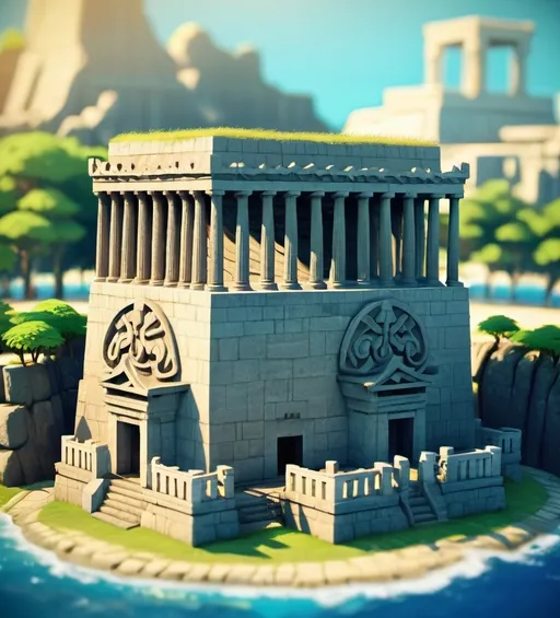 Prompt: Wind Waker themed Mausoleum at Halicarnassus, aerial view, tilt-shift, isometric miniature, detailed landscape, hight detailed textures, dynamic composition, high resolution, intricate details.