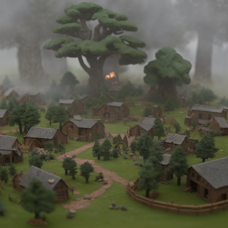 Prompt: Viking village, a cultivated plain in the valley with scots pine trees, english oak trees, tumulus, diorama by Odd Nerdrum, 125mm lens, depth of field, dof, tilt shift masterpiece, mist, fog, haze, lens flares.