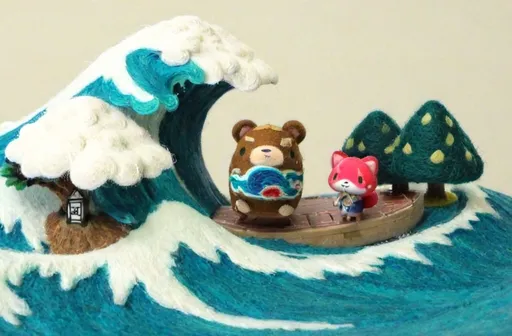 Prompt: (animal crossing island), (Great Wave off Kanagawa), fisheye lens perspective, vibrant colors, dynamic ocean waves crashing, whimsical island details, lush greenery swaying, cozy houses tilted, serene yet dramatic atmosphere, intricate art, high depth composition, captivating scene, ultra-detailed polish, enchanting blend of fantasy and realism, immersive visual experience.