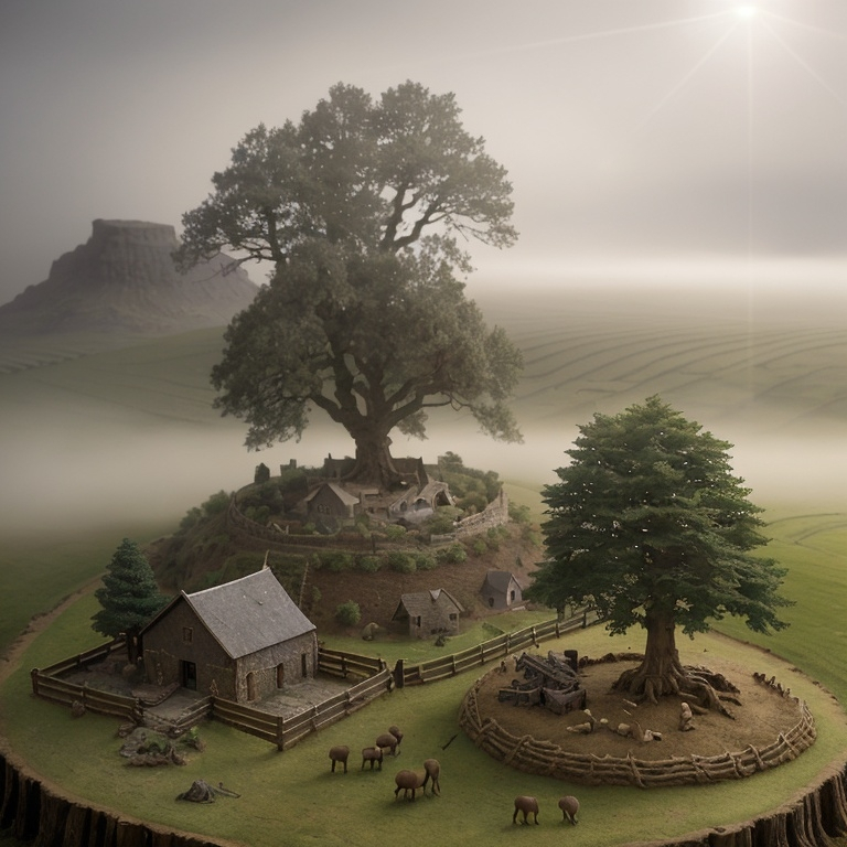 Prompt: Viking village, a cultivated plain in the valley with scots pine trees, english oak trees, tumulus, diorama by Odd Nerdrum, 125mm lens, depth of field, dof, tilt shift masterpiece, mist, fog, haze, lens flares.