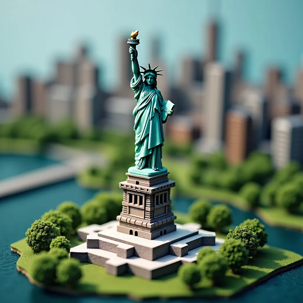 Prompt: soft felt themed New York City's Statue of Liberty, intricate art, rich textures, tilt shift, isometric miniature, aerial view, dynamic composition, immersive atmosphere, 135mm lens, macro photo, sharp focus, depth of field, ultra high detailed. 
