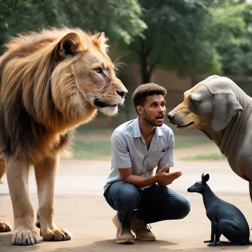 Prompt: a person talking with different animals