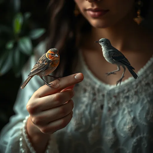 Prompt: (photorealistic) person holding a bird, delicately resting a bird on the index finger, another bird perched on the opposite hand, (upper body view), Bouchta El Hayani style, vanitas theme, soft ambient lighting creating a reflective atmosphere, serene and introspective mood, intricate details and textures, lush background enhancing the scene, (ultra-detailed) capturing the fleeting nature of life and beauty.