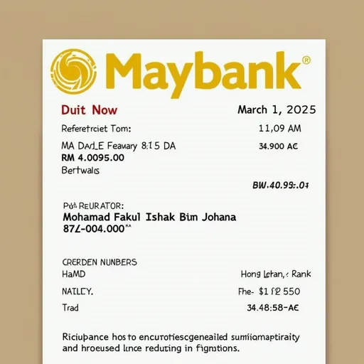 Prompt: The image displays a digital receipt for a successful DuitNow transfer through Maybank, prominently featuring the bank's logo in yellow. The receipt details the transaction made on March 1, 2025, at 11:27 AM, with a reference ID and an amount of RM 4,095.00. It specifies the beneficiary's name as Mohamad Fakul Ishak Bin Johana along with their account number, and indicates that the receiving bank is Hong Leong Bank. A note at the bottom clarifies that the receipt is computer-generated and does not require a signature, emphasizing its electronic nature.