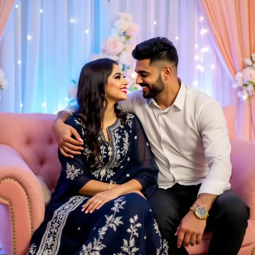 Prompt: In a cozy, softly-lit setting adorned with sheer drapes and floral decorations, a couple shares an intimate moment on a plush pink couch, exuding warmth and connection. The woman, dressed in an intricate dark blue outfit decorated with silver embroidery, gazes lovingly at her companion, who sits beside her in a white shirt and black trousers, his expression one of gentle amusement. Their body language suggests comfort and affection, as he rests his hand around her shoulder, creating an inviting atmosphere. The surrounding decor, illuminated by soft blue and warm lighting, complements the overall romantic mood, making it clear that this scene captures a cherished memory in a celebratory context.