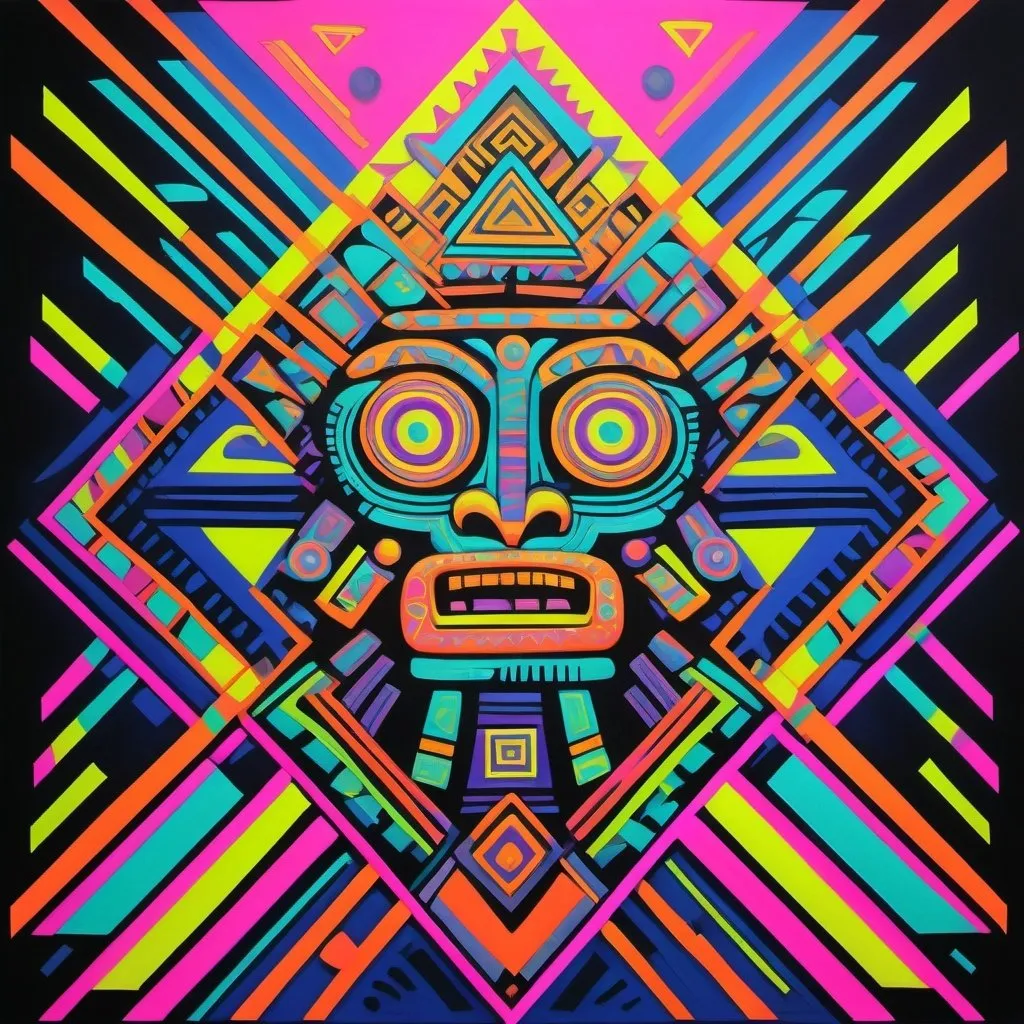 Prompt: aztec art, neon coloours, geometric shapes, wild, fading, go crazy, pop art, coloured lines, intense, 