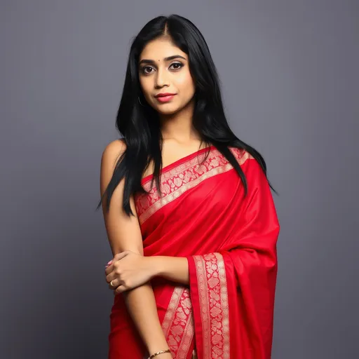 Prompt: Make An image of real woman in red saree. Standing in a model pose. Fair skin colour. Long black hairs. Nice figure. Whom I like to love
