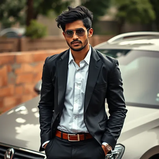 Prompt: A real, indian looking, handsome male with athletic body, black hairs, Fair skin, Nice face In formal clothes. Spectacle on his eyes. Standing beside a real car. Hyperrealistic. 