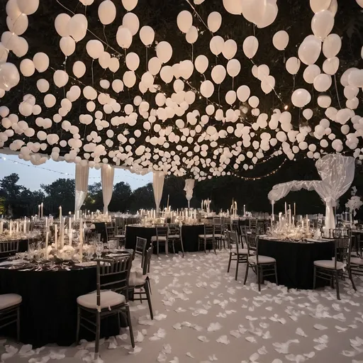 Prompt: Garden, night time, chairs covered in white and banquet tables covered in black fabric,  candles on each tables with charger plates, white carpets,white petals depending from sky, white and black balloons, beige Ambience lightening, 