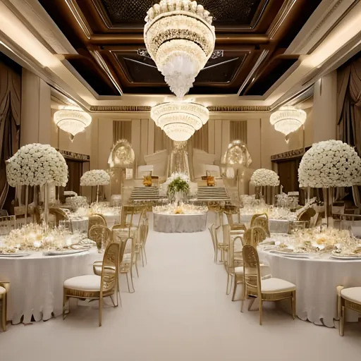 Prompt: A grand hall with 50 round tables covered in white fabric, elegant chairs, luxurious banquet setting, high-quality, detailed, elegant, ballroom, white color scheme, pampas flower designs, yellow callalilies,opulent lighting, formal setting, spacious hall, grand chandeliers, pristine table settings