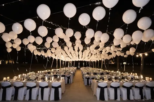 Prompt: Garden, night time, chairs covered in white and banquet tables covered in black fabric,  candles on each tables with charger plates, white carpets,white petals depending from sky, white and black balloons, beige Ambience lightening, 