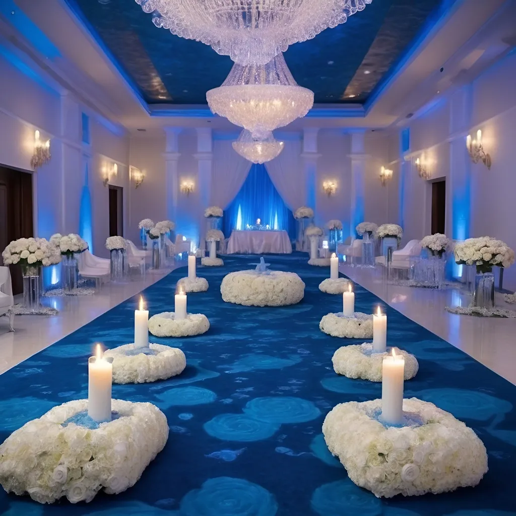 Prompt: A themed blue sea wedding hall, blue hydrangeas and roses for ceiling installation, two water fountains both sides of the hall, blue Ambience lighting, banquet tables and chairs covered in blue and white, candles on crystal candle holders as center pieces, blue couple sofa with couples on it, blue floor carpets, 3d screens as walls with fish animations and people sitting and moving round the hall settings.