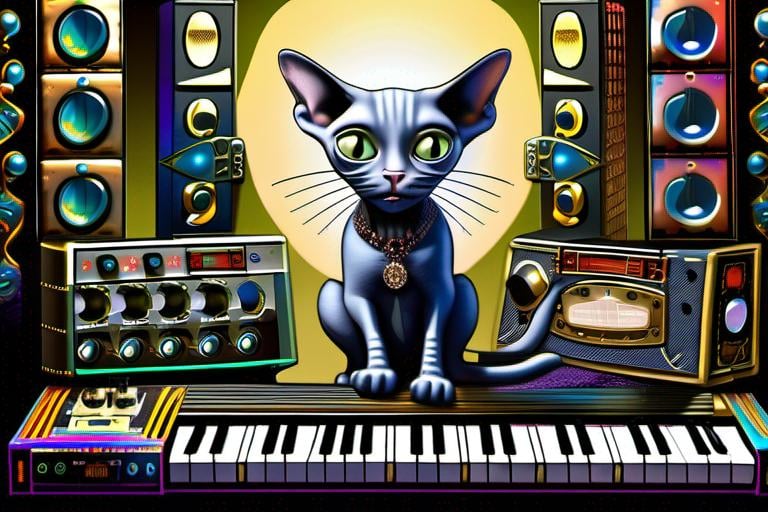 Prompt: ((art by tim burton)), [goth:alternative:.2], sphynx cat playing a modular synth, cat looks a little like Thomas Dolby, best quality, masterpiece, illustration,  super detailed, HDR, 64K, RPG, strange, haunted