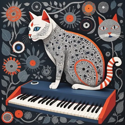 Prompt: cat synth, Gond patterns,