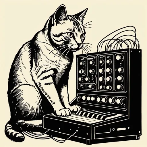 Prompt: A simple lithograph style woodcut of a cat plays a modular synth.
rough lines, wires, electronics, 1930s clip art. wisps of color here and there