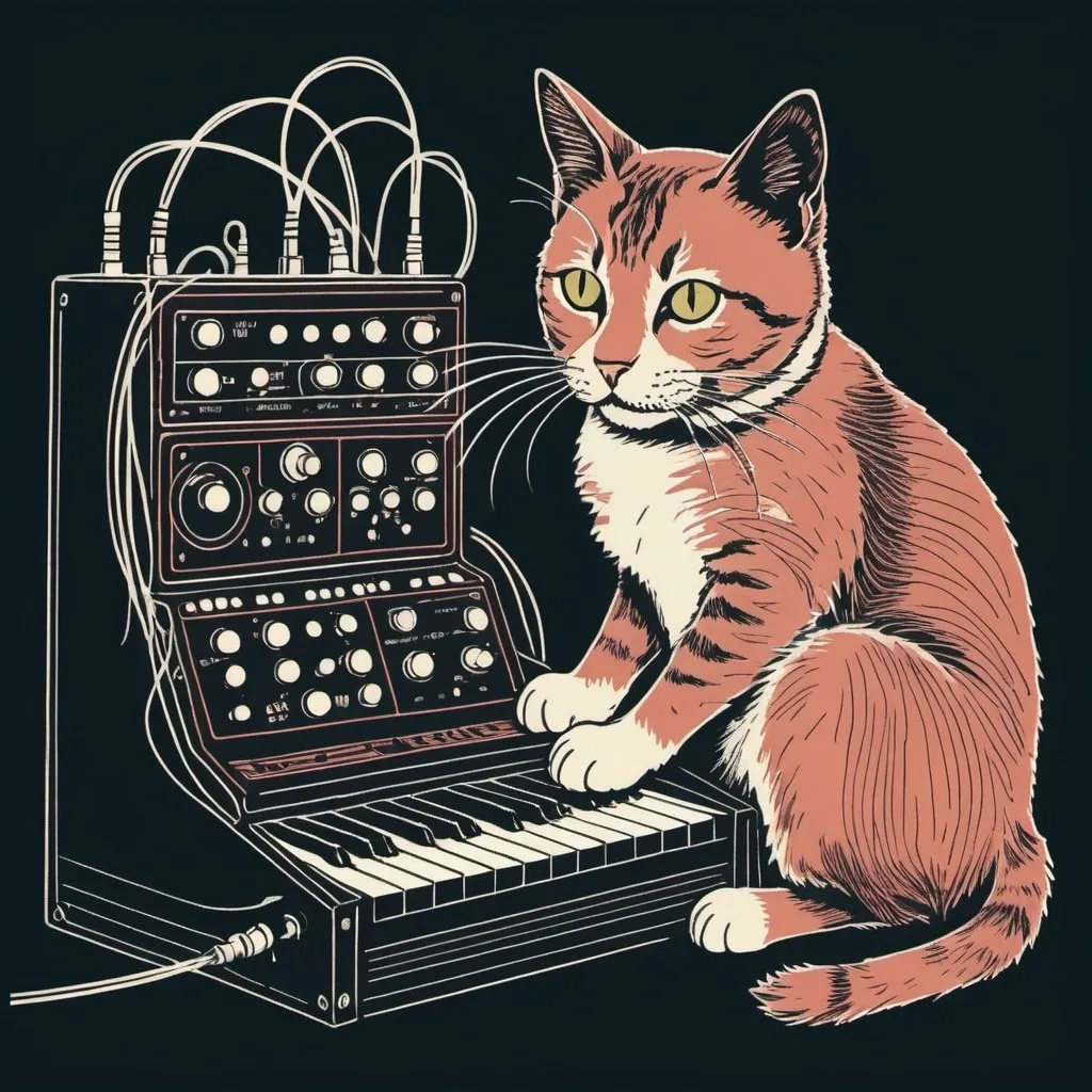 Prompt: A simple lithograph style woodcut of a cat plays a modular synth.
rough lines, wires, electronics, 1930s clip art. wisps of color here and there