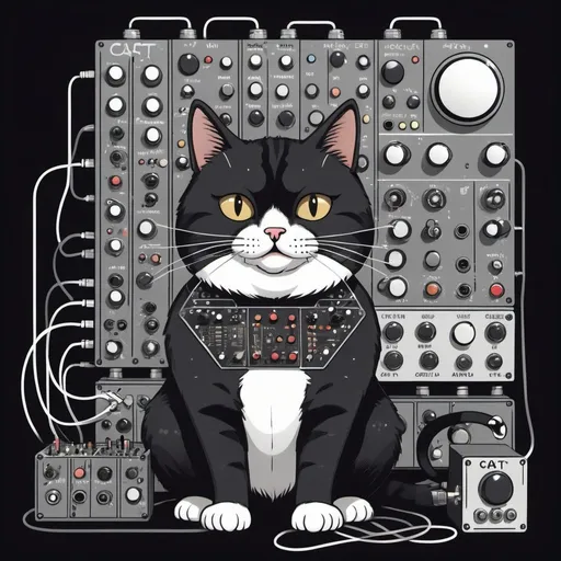 Prompt:  cat plays a modular synth, cartoon style. circuits and electronics abound.  The cat is mostly black, but some white in face, chest and arms

