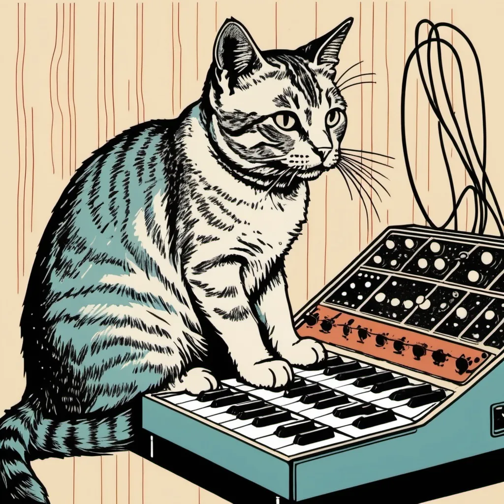 Prompt: A simple lithograph style woodcut of a cat plays a modular synth.
rough lines, wires, electronics, 1930s clip art. wisps of color here and there