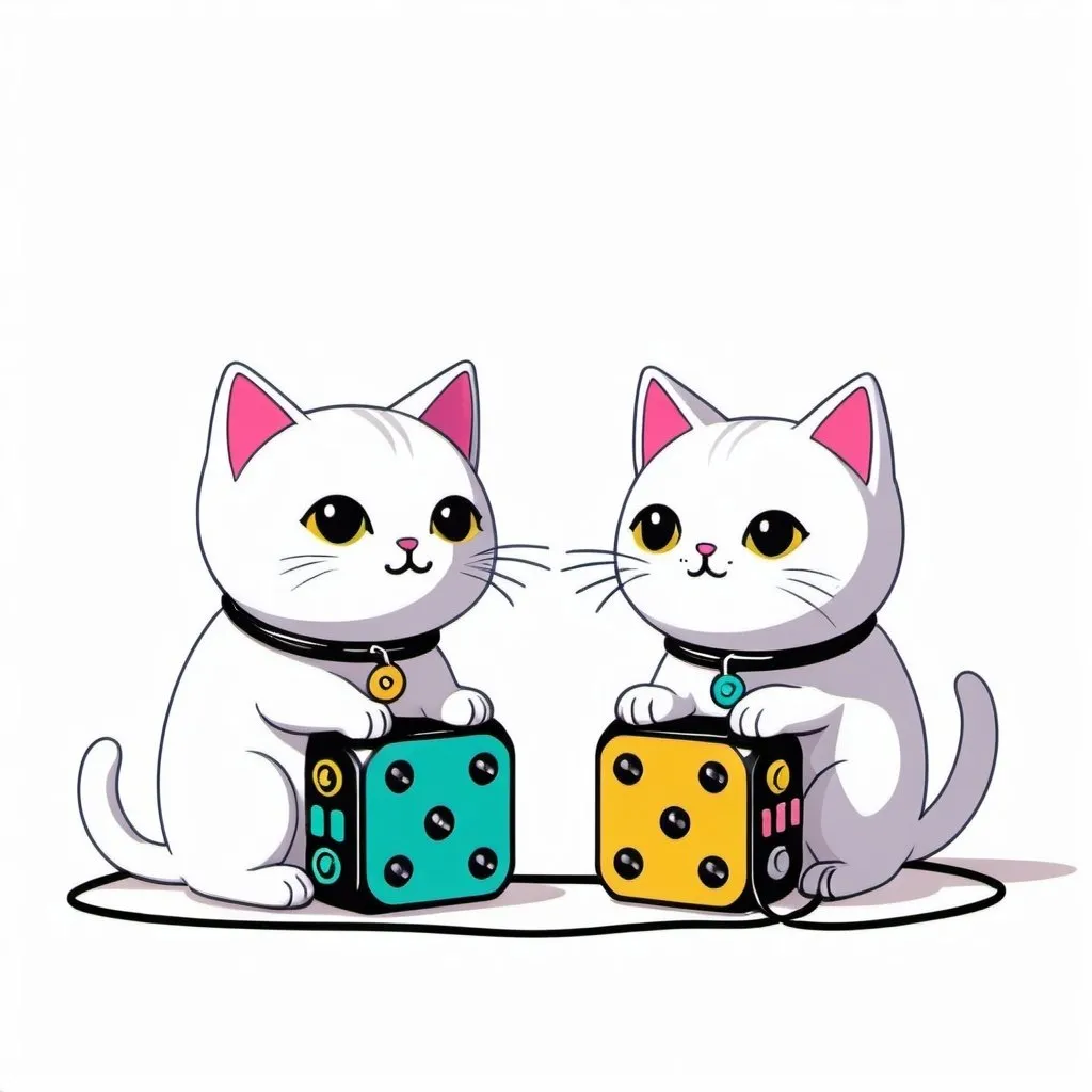 Prompt: Over the wire communication.  Cute kawaii { cats plays a modular synth}    cat,  white background, illustration minimalism, vector, colorful. Dice, cards, coin. Two Cats talking over wires