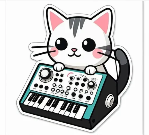 Prompt: single Die-cut sticker, Cute kawaii { cat plays a modular synth} sticker, white background, illustration minimalism, vector, 