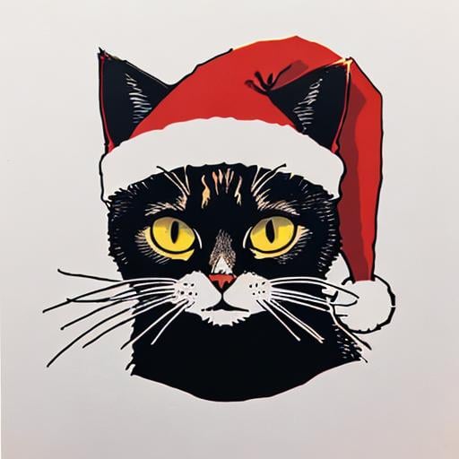 Prompt: simple one color linocut of a cat with a santa hat. Very Simple