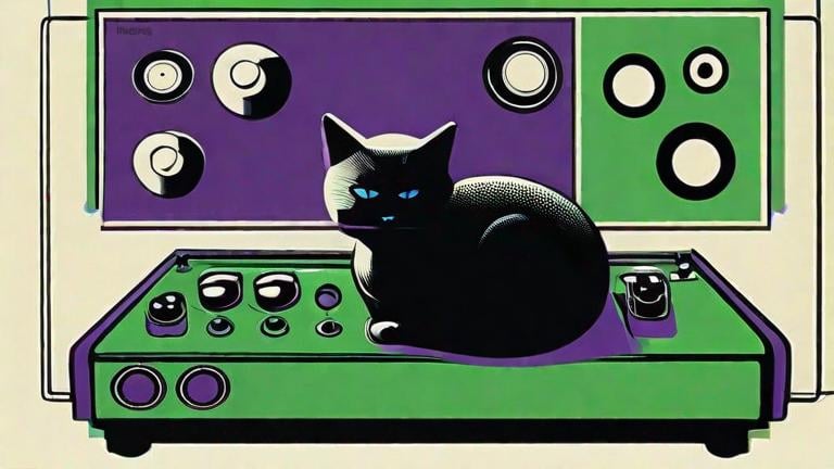 Prompt: Retro poster of tuxedo Cat plays modular synth by yayoi kusama, takasi murakami, Toshio saeki.  Blue, purple and green colors