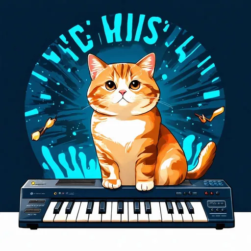 Prompt: festival inspired design of cat plays synth, vector, print on demand, POD, clean background